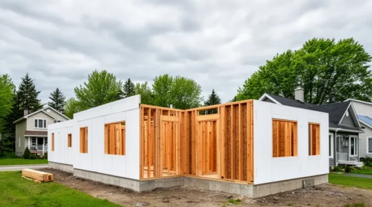 Extension résidentielle en construction avec structure de bois visible, banlieue québécoise