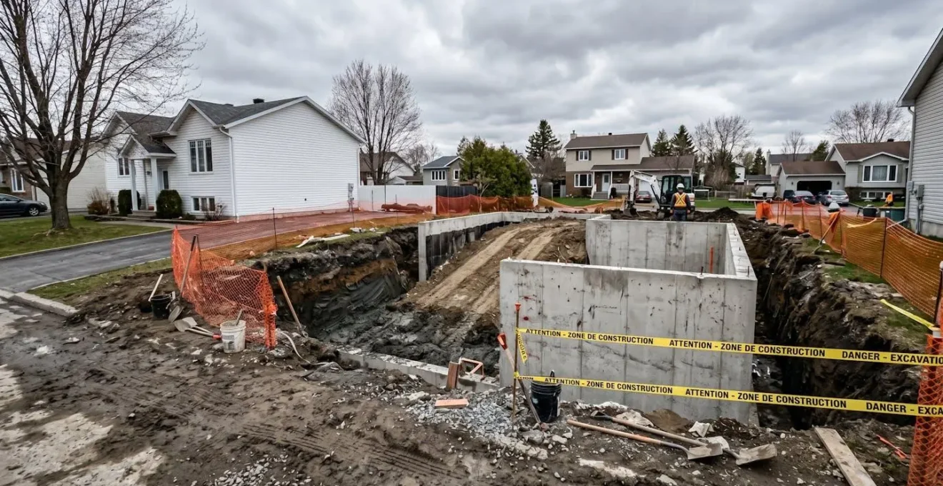 Vue large d'un chantier d'excavation autour des fondations d'une maison unifamiliale de banlieue montréalaise montrant le mur de béton exposé et les barrières de sécurité oranges