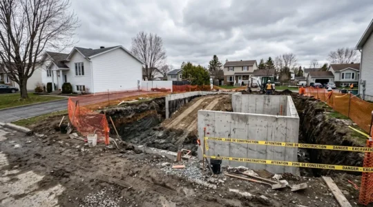 Vue large d'un chantier d'excavation autour des fondations d'une maison unifamiliale de banlieue montréalaise montrant le mur de béton exposé et les barrières de sécurité oranges