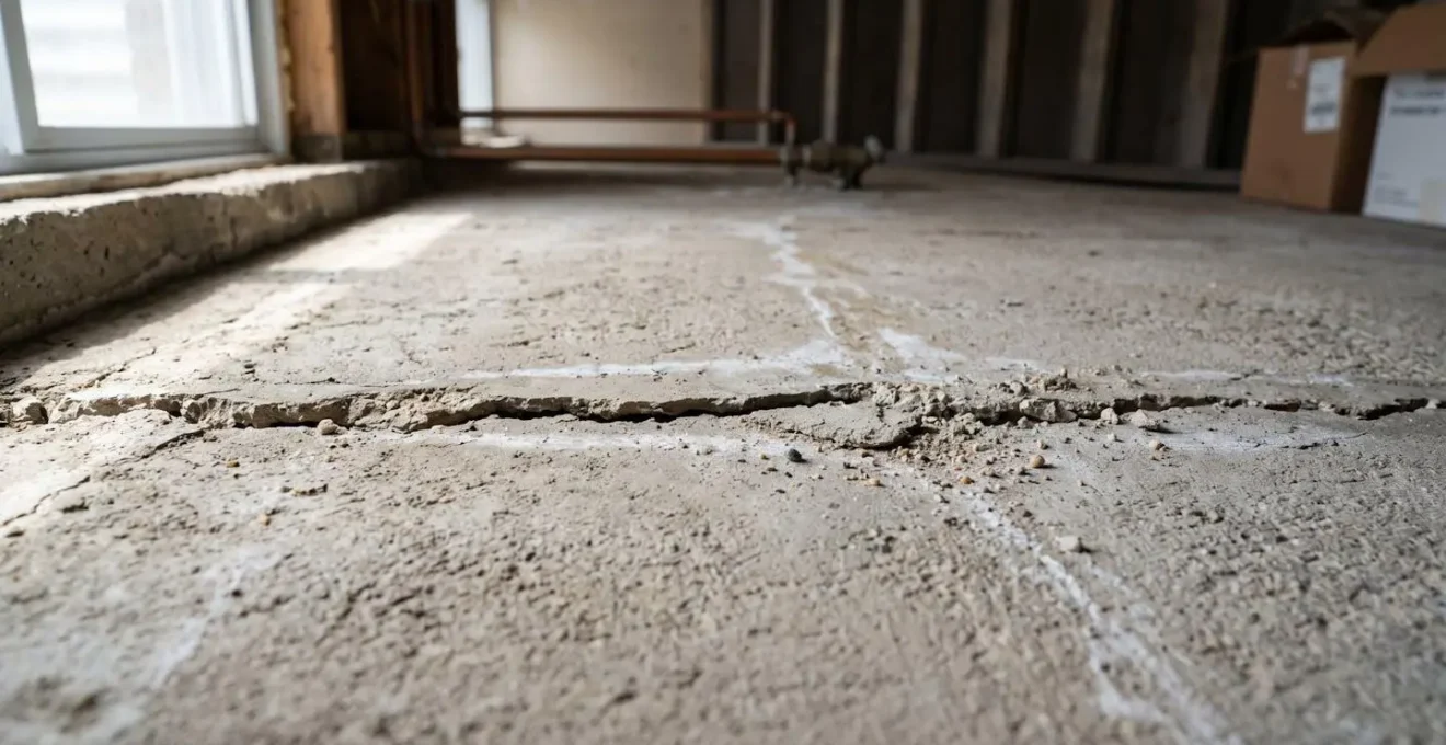 Gros plan macro sur une fissure horizontale dans un mur de fondation en béton gris montrant une ouverture préoccupante et une détérioration des bords