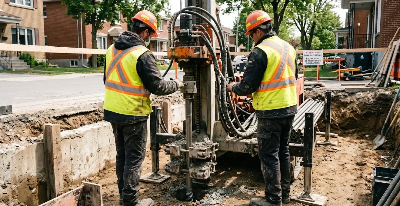 Professionnel du bâtiment vu de dos manipulant un équipement de forage hydraulique pour installation de micropieux lors de travaux de renforcement de fondation résidentielle