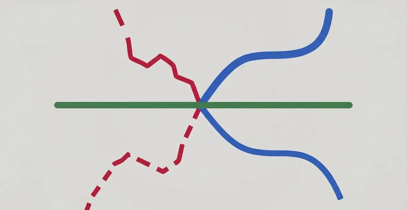 Composition abstraite représentant trois chemins de construction : ligne verte stable (CCMI), ligne bleue sinueuse (architecte), ligne rouge brisée (auto-construction)