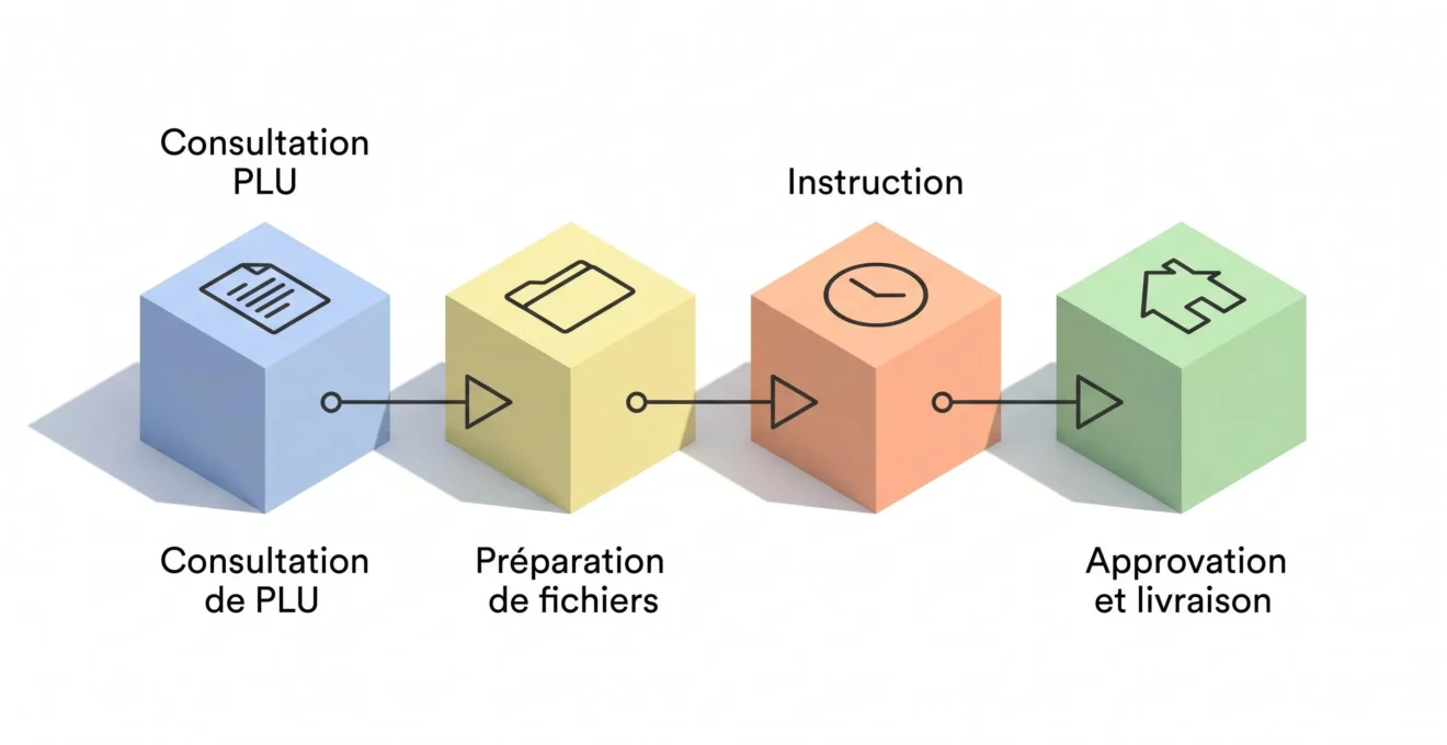 Diagramme isométrique en 4 étapes illustrant le parcours administratif du permis de construire : consultation PLU, constitution dossier, instruction en mairie, accord final