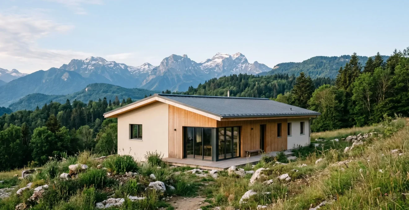 Maison contemporaine à ossature bois avec grandes baies vitrées, intégrée dans un paysage alpin de l'Isère avec le massif de la Chartreuse en arrière-plan
