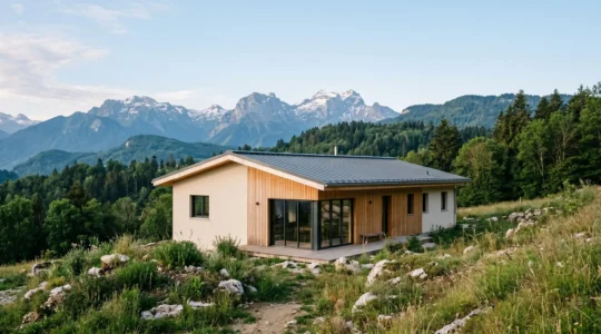 Maison contemporaine à ossature bois avec grandes baies vitrées, intégrée dans un paysage alpin de l'Isère avec le massif de la Chartreuse en arrière-plan
