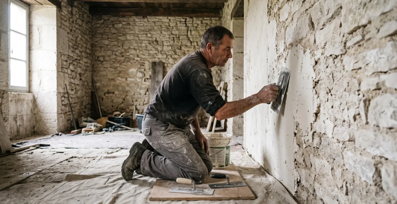 Un artisan applique un enduit à la chaux sur un mur en pierre d'une maison ancienne en rénovation dans le Périgord.
