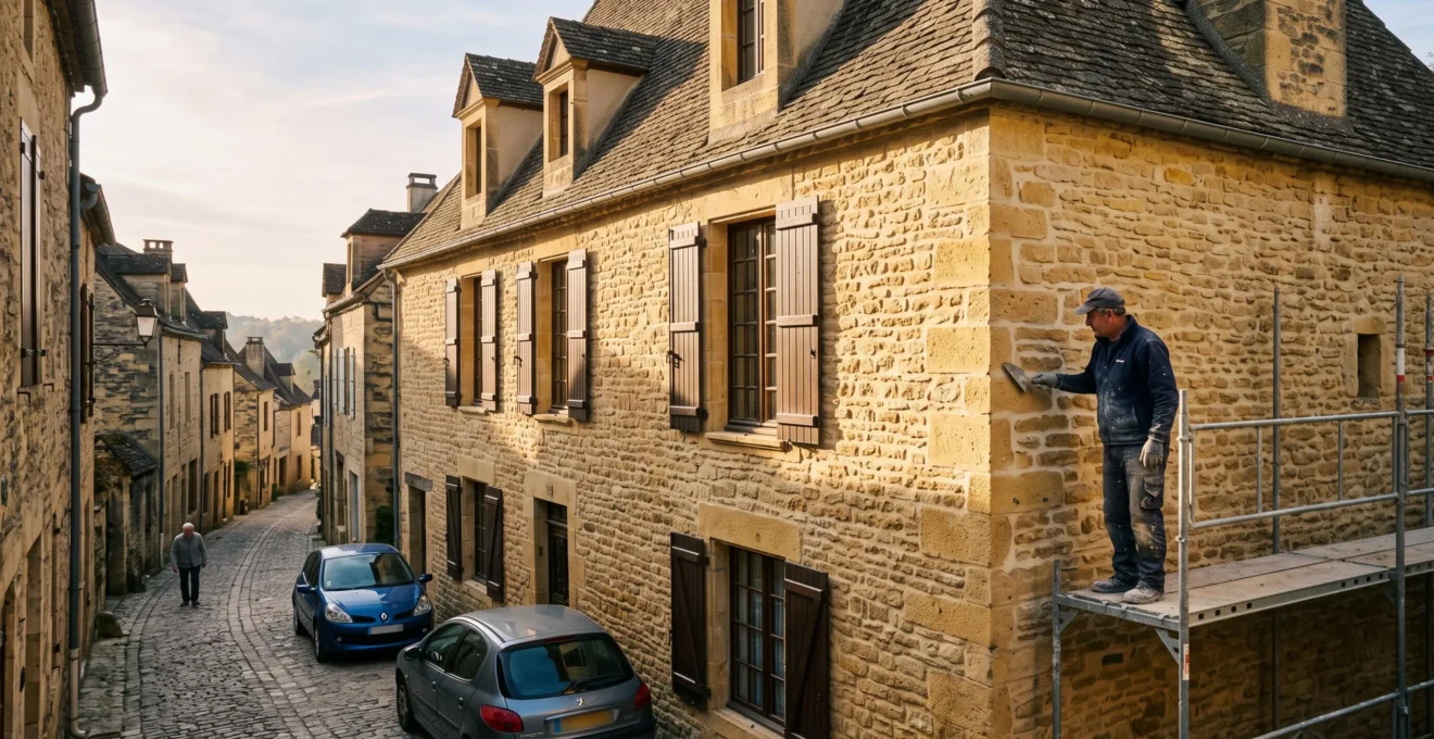 Une maison ancienne en pierre récemment rénovée dans une rue pavée de Sarlat, avec un maçon inspectant la façade fraîchement rejointoyée.